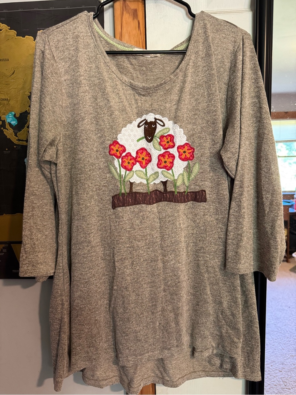 Gray Women’s Top with Floral Sheep Applique